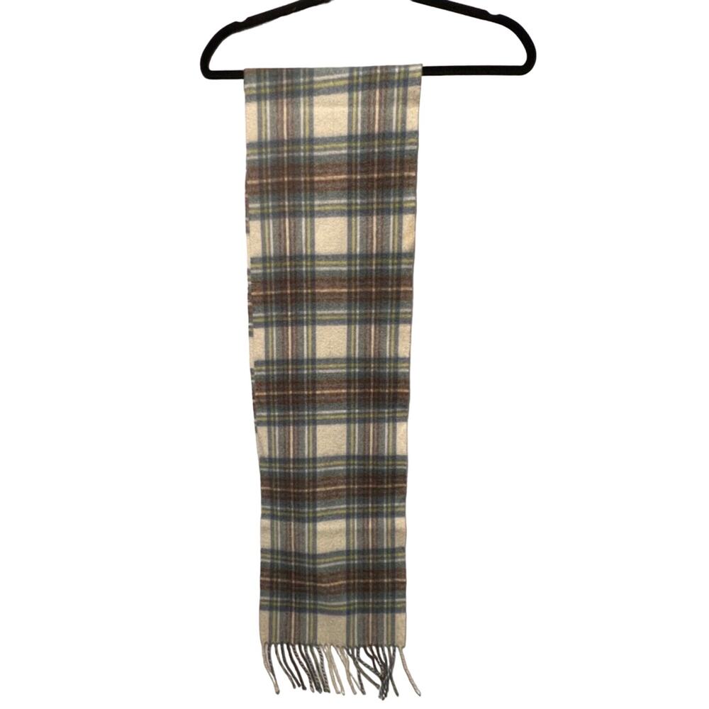 Plaid Wool Scarf in Blue and Cream